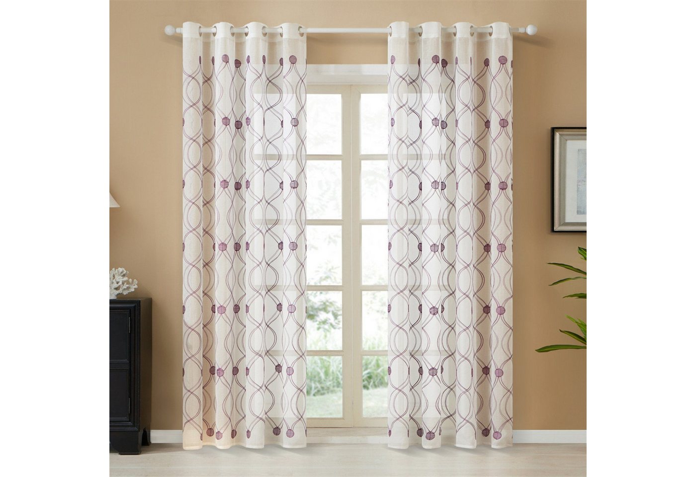 BYSURE Gardine, Ösen (2 St), halbtransparent, Voile, Gestickte Blumen Ösenschal von BYSURE