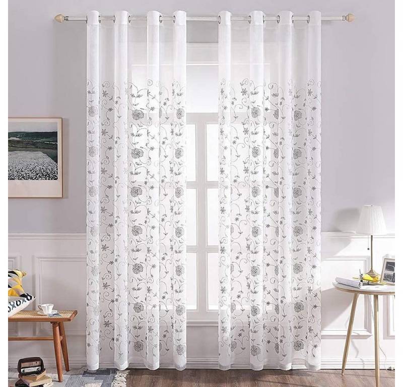 BYSURE Gardine, Ösen (2 St), transparent, Voile, Blumen Stickerei Dekoschal für Wohnzimmer von BYSURE