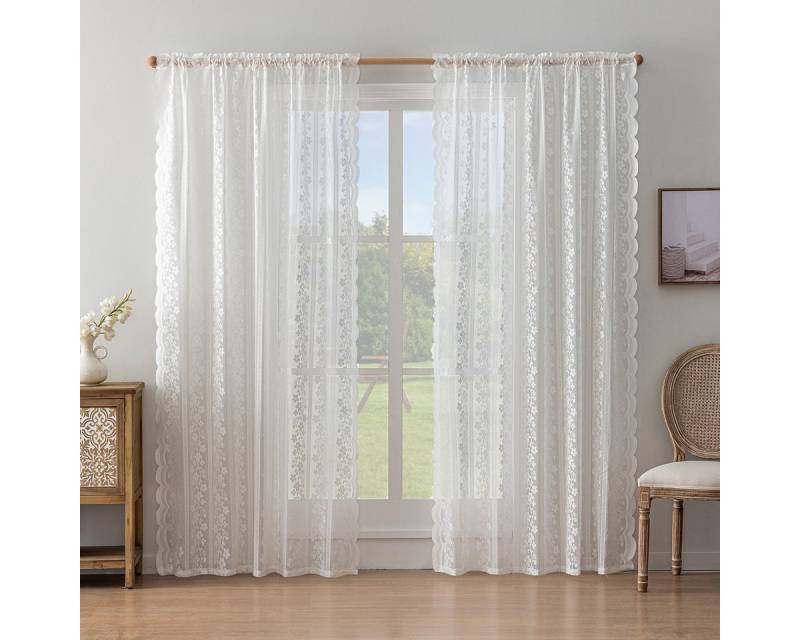 BYSURE Gardine, Stangendurchzug (2 St), Weiß Vorhänge mit Blumen Stickerei von BYSURE
