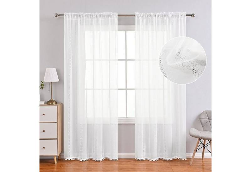 BYSURE Gardine (2 St), Stangendurchzug, transparent, Voile, Pompons Weiß von BYSURE