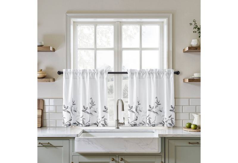 BYSURE Vorhang Gardinen Verdunklungsvorhänge Küchengardinen Bistrogardine (2 St), Stangendurchzug, blickdicht, Küchenvorhänge, kurze Sichtschutzvorhänge, Blatt-Blumendruck von BYSURE