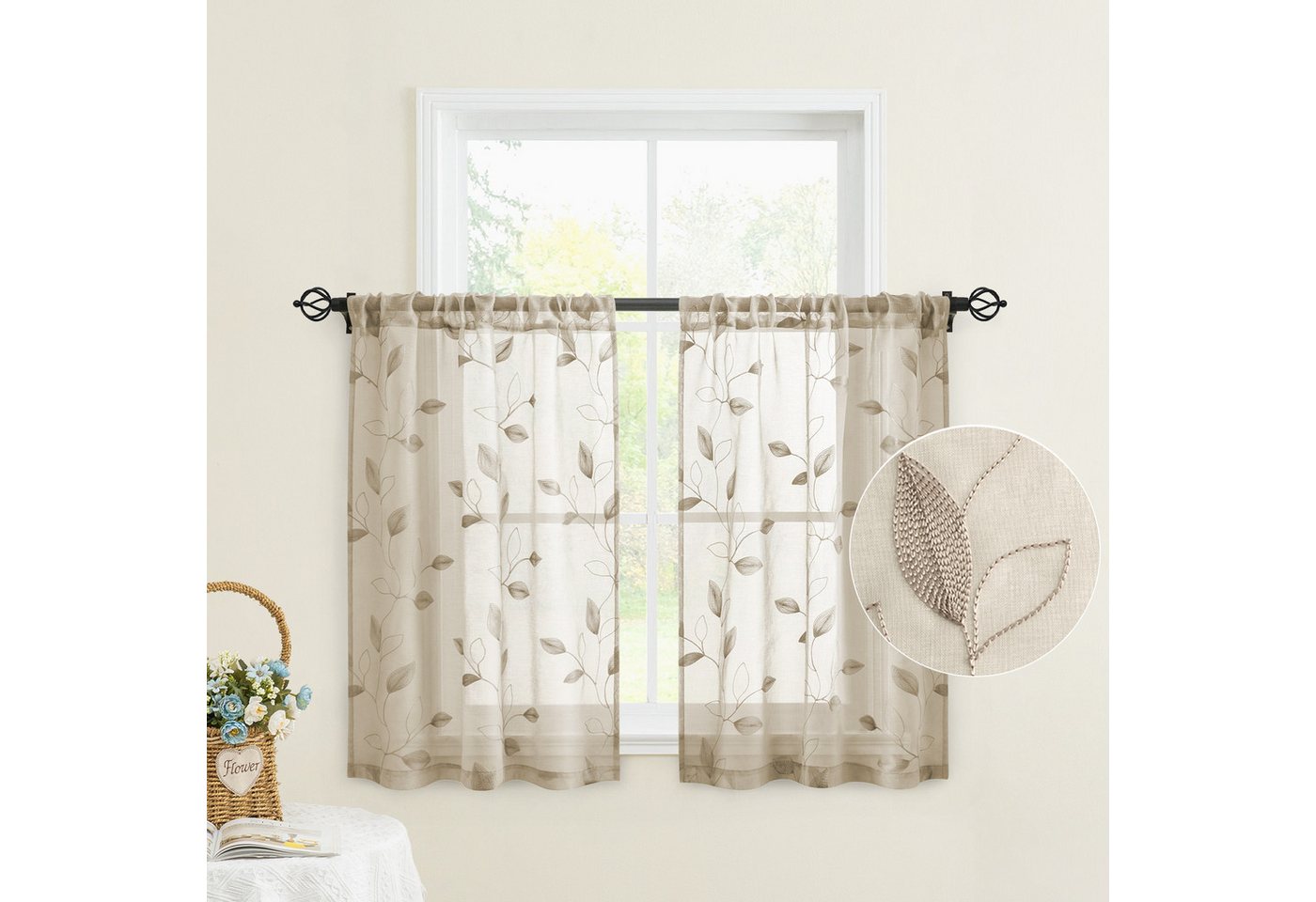 BYSURE Scheibengardine Voile Scheibengardinen modern Wohnzimmer Bistrogardine für Küche, Bad, Stangendurchzug (2 St), transparent, Küchenvorhänge, besticktes Blattmuster, Vorhänge für kleine Fenster von BYSURE