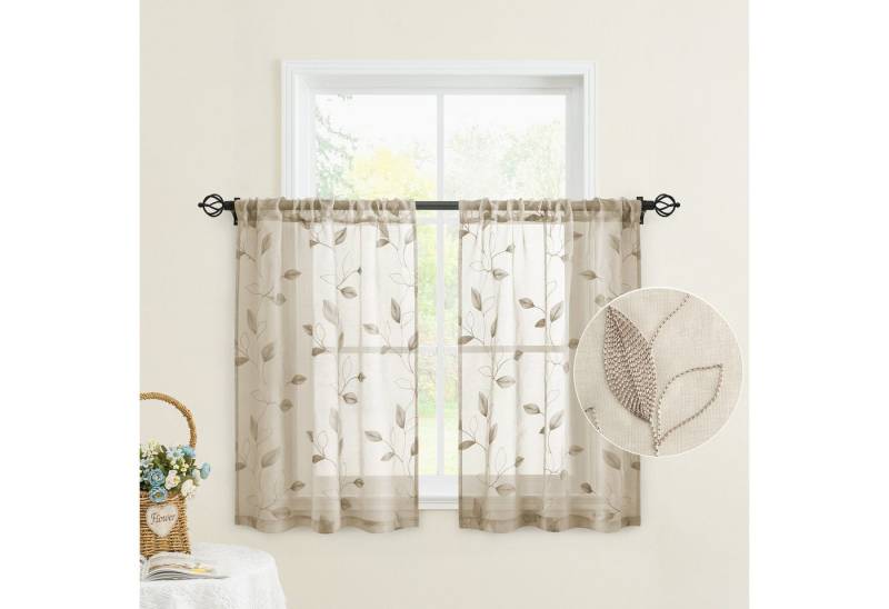 BYSURE Gardine Voile Scheibengardinen modern Wohnzimmer Bistrogardine für Küche, Bad (2 St), Stangendurchzug, transparent, Küchenvorhänge, besticktes Blattmuster, Vorhänge für kleine Fenster von BYSURE
