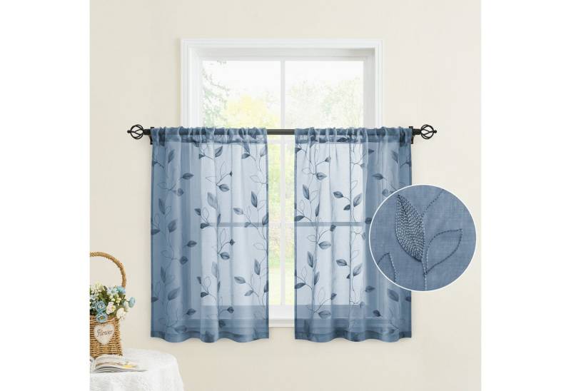 BYSURE Scheibengardine Voile Scheibengardinen modern Wohnzimmer Bistrogardine für Küche, Bad, Stangendurchzug (2 St), transparent, Küchenvorhänge, besticktes Blattmuster, Vorhänge für kleine Fenster von BYSURE