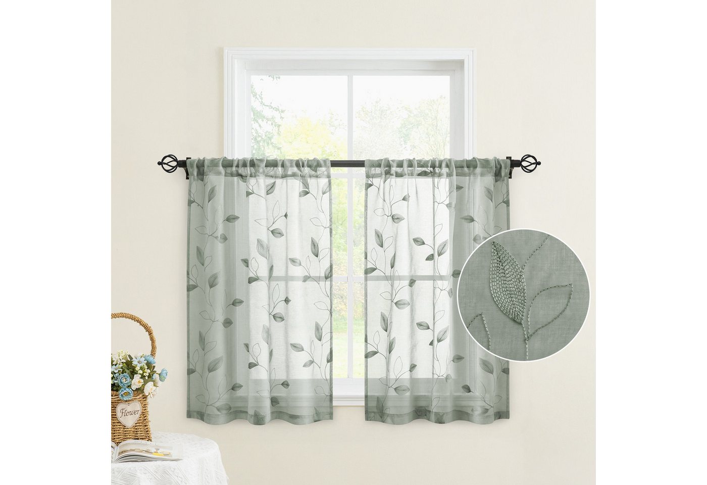 BYSURE Scheibengardine Voile Scheibengardinen modern Wohnzimmer Bistrogardine für Küche, Bad, Stangendurchzug (2 St), transparent, Küchenvorhänge, besticktes Blattmuster, Vorhänge für kleine Fenster von BYSURE