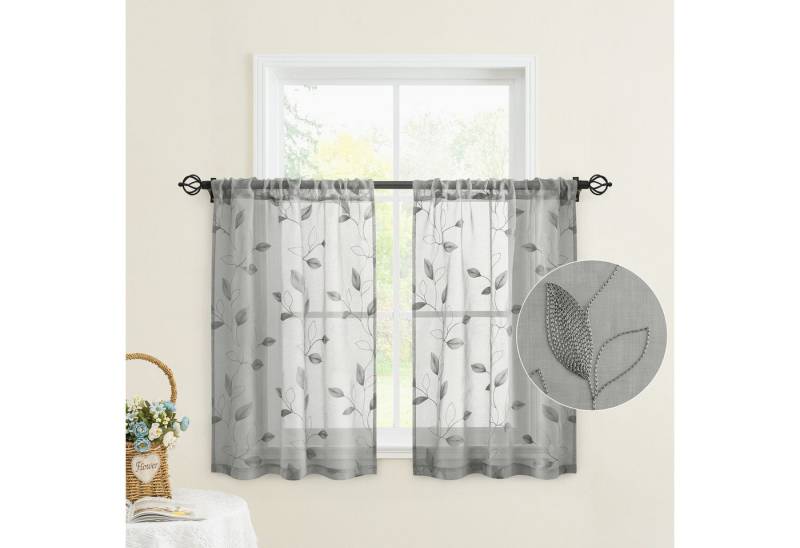 BYSURE Scheibengardine Voile Scheibengardinen modern Wohnzimmer Bistrogardine für Küche, Bad, Stangendurchzug (2 St), transparent, Küchenvorhänge, besticktes Blattmuster, Vorhänge für kleine Fenster von BYSURE