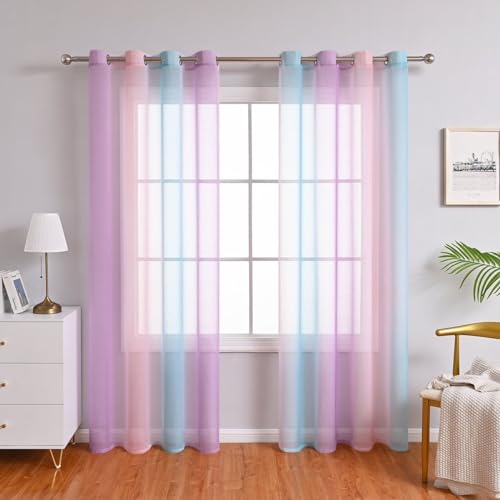 Farbverlauf Vorhänge Voile Vorhänge Tür Wohnzimmer Schlafzimmer Fenster Vorhänge 2er Set, 100 × 250 cm, Blau von BYSURE