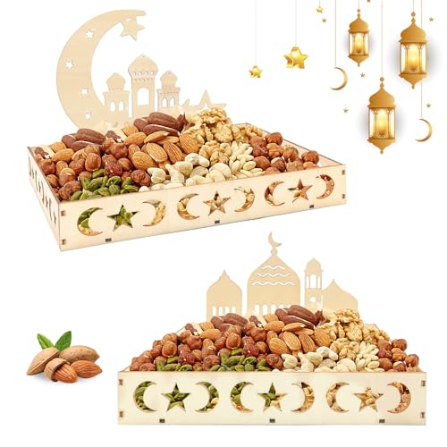 Eid Mubarak Tischdeko Teller, 2PCS Eid Mubarak Tablett, Ramadan Tablett Holz Serviertablett, mit Mond und Stern Muster Ramazan Deko für Süßigkeiten Kuchen Kekse, Eid Tischdekoration von BYTLXM