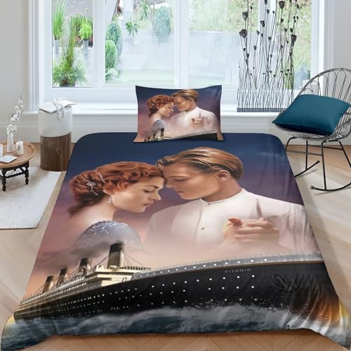 BYTUGI 3D Bettbezug Bettwäsche Set Geeignet FürKinder Und Jugendliche Titanic Muster Modern Mikrofaser Bettbezug Mit Verdecktem Reißverschluss Und Kissenbezu Single（135x200cm） von BYTUGI