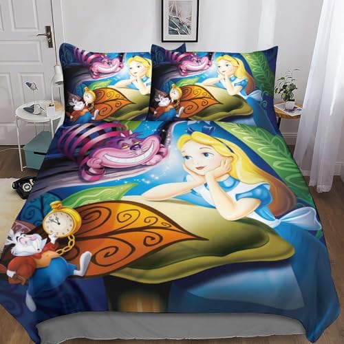 BYTUGI Bettwäsche Alice im Wunderland Bettbezug Set, Moderne 3D Alice Bedruckte Kinder Jungen Kinderbett Bettbezug Set Microfaser Mit Kissenbezug Double（200x200cm） Double（200x200cm） von BYTUGI