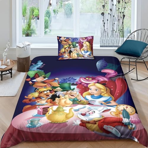 BYTUGI Bettwäsche Bettbezug-Set Alice im Wunderland 3D Alice Serie Print Mit Reißverschluss,Alice im Wunderland Motiv Bettbezüge Set Microfaser Single（135x200cm） von BYTUGI