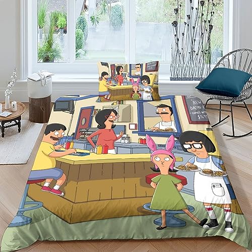 BYTUGI Bobs Burgers Bettwäsche Set, Kinderbettwäsche, Steppdeckenbezug Zeichentrickfilm 3D Motiv, Mikrofaser, Sehr Weich, Kinder Bettwäsche Set Mit Bettbezug Und Kissenbezug Single（135x200cm） von BYTUGI