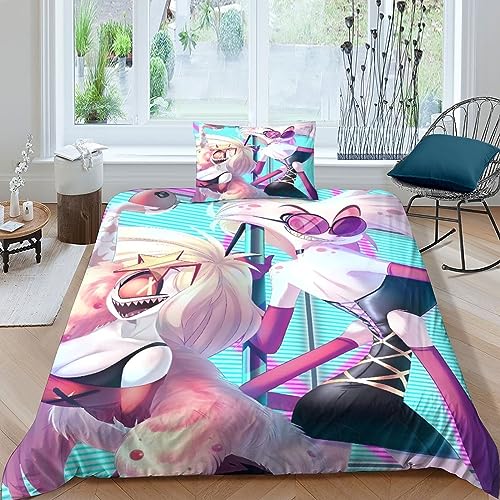 BYTUGI Hazbin Hotel Bettbezug Set 3D Gedruckter Anime Movie Mädchen Junge Kinder Bettwäschegarnitur Reissverschluss Und Kissenbezüge Weich Microfaser Bettwäsche 2 Teilig Single（135x200cm） von BYTUGI