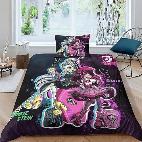 BYTUGI Monster High 3D Gedruckter Bettbezug Set Bettwäschegarnitur Für Kinder Mädchen Jungen Reissverschluss Und Kissenbezüge Weich Microfaser Bettwäsche 2 Teilig Single（135x200cm） von BYTUGI