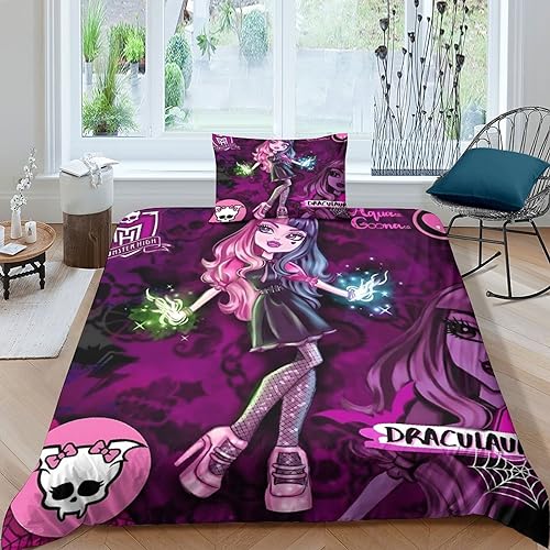 BYTUGI Monster High Bettbezug Set Mädchen Junge Kinder 3D Gedruckter Bettwäschegarnitur Weich Microfaser Reissverschluss Bettwäsche Und Kissenbezüge 2 Teilig Single（135x200cm） von BYTUGI