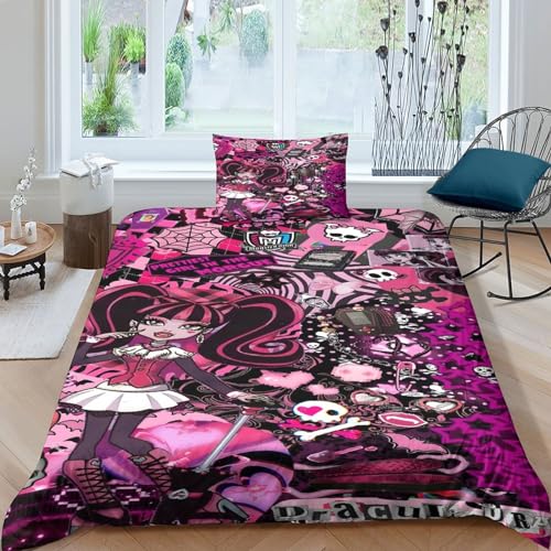 BYTUGI Monster High Bettwäschegarnitur 3D Gedruckter Bettbezug Set Mädchen Junge Kinder Bettwäsche Weich Microfaser Reissverschluss Und Kissenbezüge 2 Teilig Single（135x200cm） von BYTUGI