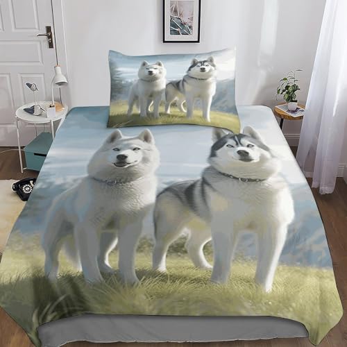 BYTUGI Siberian Husky Bettwäsche 135x200 Jungen 2teilig Kissenbezug Deckenbezug Bettwäsche 3D Niedlich Hund mit Reißverschluss von BYTUGI