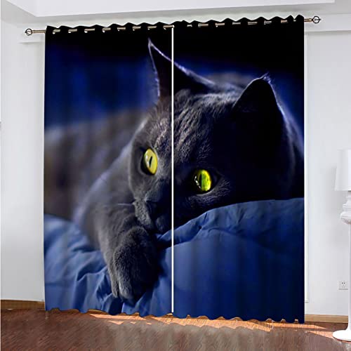 Blickdichter Vorhang 3D Hd Tier Schwarze Katze Druck Verdunklungsvorhänge Mit Ösen H 140 X B 110 cm - Thermogardine Ösenschal 2Er Set Für Wohnzimmer Schlafzimmer Fensterdekoration Kinderzimmer von BYTUGI