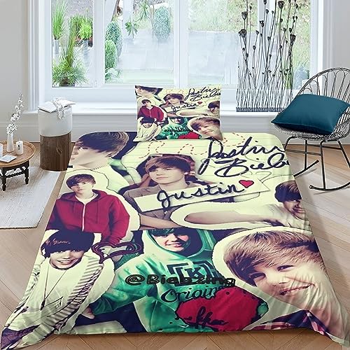 Justin Bieber Bettbezug Set Mädchen Junge Kinder 3D Gedruckter Bettwäschegarnitur Weich Microfaser Reissverschluss Bettwäsche Und Kissenbezüge 2 teilig Single（135x200cm） von BYTUGI