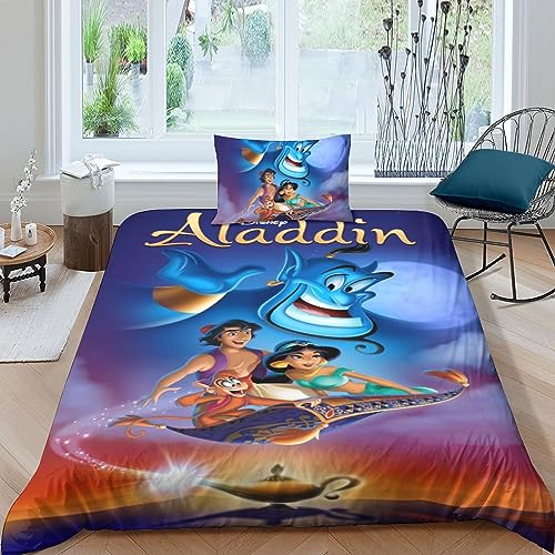 Kinder Kids Betten Set Aladdin-Motiv 3D Print Bettwäsche Set Weiche Atmungsaktive Microfaser Bettbezug Mit Kissenbezug Jungen Aladdin Single（135x200cm） von BYTUGI