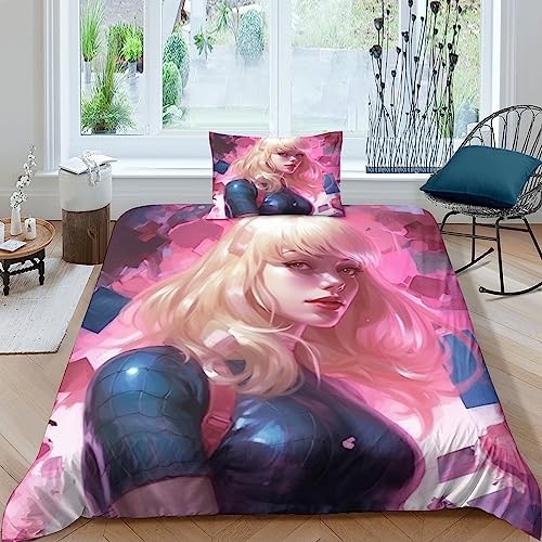 Spider - Gwen 3D Gedruckter Marvel Für Kinder Mädchen Jungen Bettbezug Set Bettwäschegarnitur Reissverschluss Bettwäsche Weich Microfaser Und Kissenbezüge 2 teilig Single（135x200cm） von BYTUGI