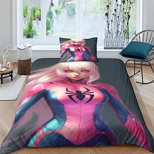 Spider - Gwen Für Kinder Mädchen Jungen Bettwäschegarnitur Bettbezug Set 3D Gedruckter Marvel Und Kissenbezüge Reissverschluss Bettwäsche Weich Microfaser 2 teilig Single（135x200cm） von BYTUGI