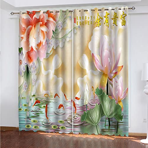 Vorhänge Blickdicht H 240 X B 264 cm 3D Hd Jade-Lotus-Goldfisch Druck Thermogardine Mit Ösen 2Er Set - Verdunkelungsvorhang Kinderzimmer Junge Mädchen, Schlafzimmer Wohnzimmer Fensterdekoration von BYTUGI