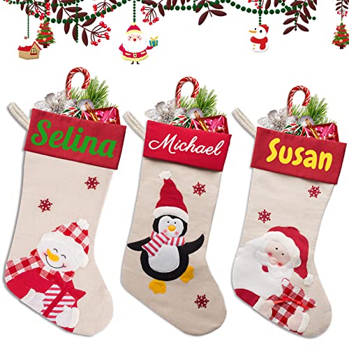 BYWEXCLESD Weihnachtsstrumpf Kamin Personalisiert mit Namen Personalisierte Christbaumschmuck Familie Kinder Junge Mädchen, 3er Set, Weihnachtsmann+schneemann+pinguin von BYWEXCLESD