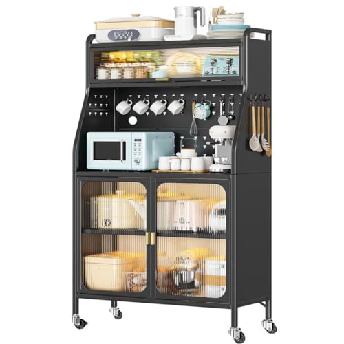 BYYBOU Buffetschrank Küchenschrank Hochschrank Schrank Küche Mehrzweckschrank 86cm Breit mit Rad, Vorratsschrank Küchenbuffet Mutfak Dolabı mit verstellbare Regal und Türen Schwarz (86x36x162cm) von BYYBOU