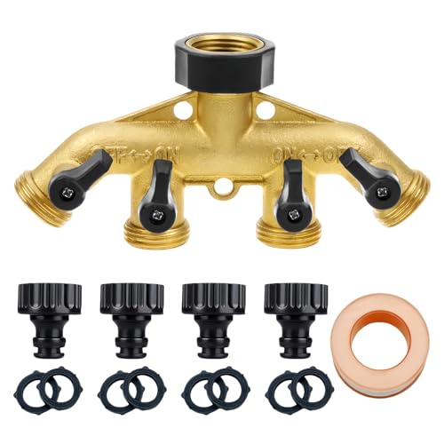 4-Wege-Verteiler, 3/4" Gartenschlauch-Verteiler aus Messing, mit 4 Unabhängig EIN Aus Ventile, Garten Schlauch 4 Wege Wasserhahn Verteiler, Einstellbarer Wasserverteiler 4fach mit 4 schlauch Adapter von BYZESTY