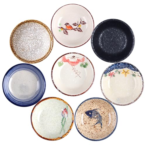 8 Stück Dip Schälchen, Soja Saucenschälchen Keramik, Tapas Schalen, Keramikschale, Keramik Dipschalen, Vintage Sushi Schälchen, Ø 10cm Gewürzschalen, Snackschalen für Gewürzen Sojasauce Saucen Snacks von BYZESTY