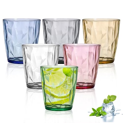 BYZESTY 6er Set Große Trinkgläser 300 ml - Plastik Wassergläser Whisky Gläser Cocktailgläser Trinkbecher Bunte Acrylbecher mit Kristallglas-Optik Saftgläser für Wasser, Saft, Eiskaffee, Softdrinks von BYZESTY