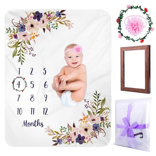 BYZESTY Babydecke Mit Blumenmuster, Meilensteindecke Baby Monats Decke, Monatsdecke Baby Junge & Mädchen, Babydecke Mit Monat Als Geschenk Zur Geburt 130x100cm von BYZESTY