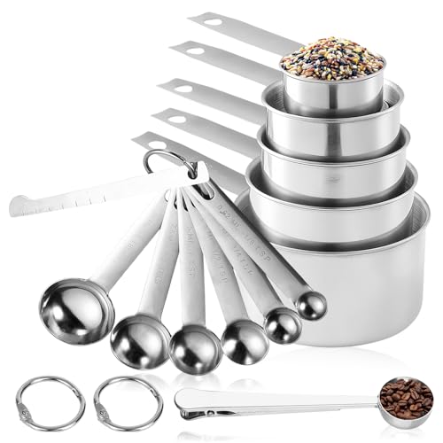 Byzesty 13 Stück Edelstahl Messbecher Und Messlöffel Set, Edelstahl Messbecher Und Löffel, Scoop Mit Clip, 5 Measuring Cups Und 7 Spoons, Messbecher & Löffel Mit Messlineal, Zum Kochen & Backen von BYZESTY