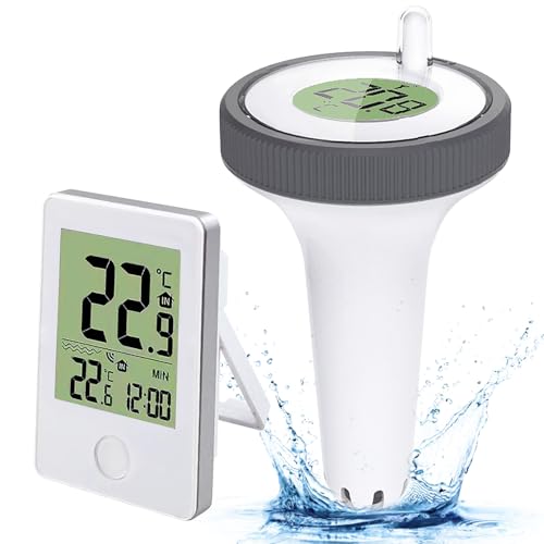Funk Thermometer für Pools, Poolthermometer Digitales, Pool Thermometer mit Poolsensor, LCD-Display &Temperatur Luftfeuchtigkeit Monitor, Schwimmend Thermometer für Badewannen, Fischbecken, Teich von BYZESTY