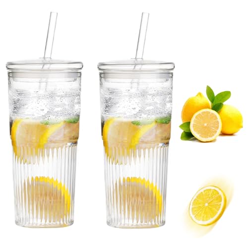 Glas Bubble Tea Becher, 2 Stück 600 ml Trinkbecher mit Deckel und Strohhalm, Glasbecher Trinkglas, für Smoothie Becher Saftglas Kaffeebecher Longdrinkgläser Glasbehälter Becher Trinkglas mit Deckel von BYZESTY