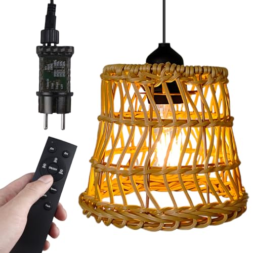 Pendelleuchte Rattan, Rattan Hängelampe Boho Hängelampe Vintage Hängeleuchte E27 Hängelampe Mit Rattan Lampenschirm Lampenschirm Mit Fernbedienung 5M Stromkabel Für Schlafzimmer Wohnzimmer Außen Innen von BYZESTY