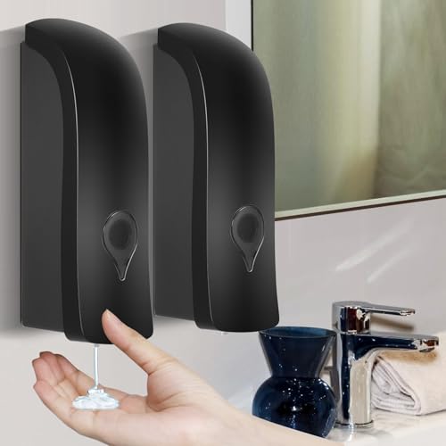 Seifenspender Wandbefestigung, 2 Stück Seifenspender Wandmontage 300ml Manueller Wandseifenspender Ohne Bohren oder Schraubmontage für Duschgel Shampoo Desinfektionsmittel, Schwarz von BYZESTY