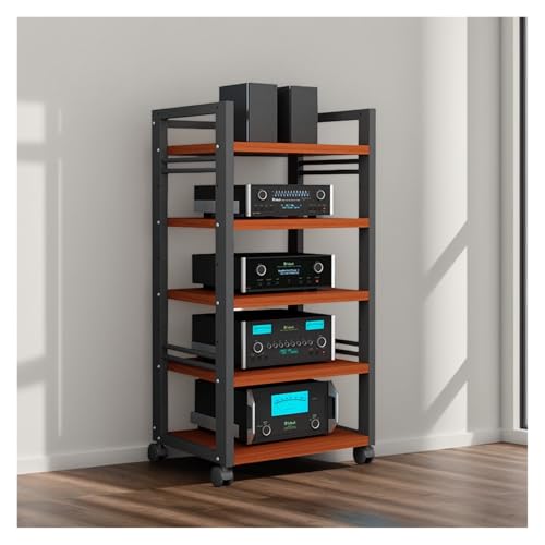 audio rack hifi regal HiFi-Ständer, 5 Ebenen, Beweglicher AV-Medienständer, Komponentenschrank, Wohnzimmer, CD-Player-Ständer Und Stereo-Ständer, Soundturm Mit Höhenverstellbarem Holzregal For Zuhause von BYZOMU