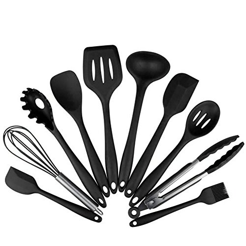 10 Stück Küchenutensilien Silikon BPA frei Set Enthält 2xSchaber Kochlöffel Suppenkelle Pfannenwender Spaghettikelle Servierlöffel Schneebesen Grillzange Silikon Pinsel (10 Stück Schwarz) von BYbrutek