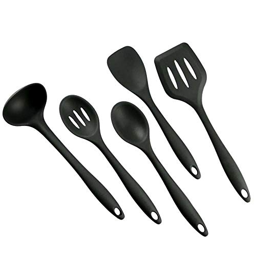 5 Stück Küchenhelfer Silikon Set, Küchenutensilien Set Enthält Pfannenwender, Schlitzlöffel, Löffel, Servierlöffel, Suppenkelle, Spülmaschinenfest, Antihaft, Hitzebeständiges (5 Stück Schwarz) von BYbrutek