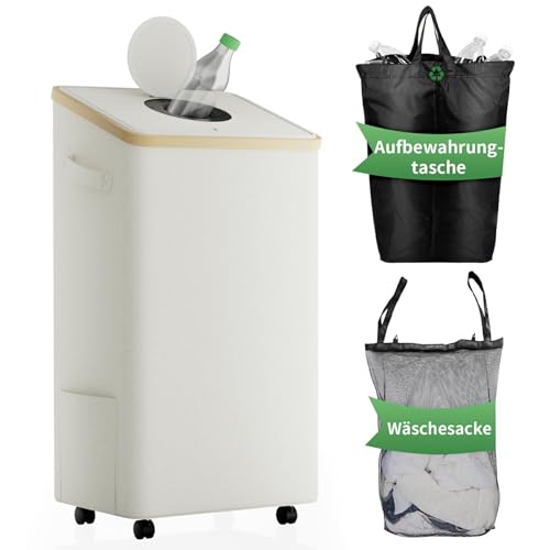 Pfandflaschen Sammelbehälter mit Deckel & Rollen, 100L Pfandsammler Organizer and Altglas Aufbewahrung mit Einwurf, Leergutbehälter fur Recycling Abstellraum Flaschentasche von BZBRLZ