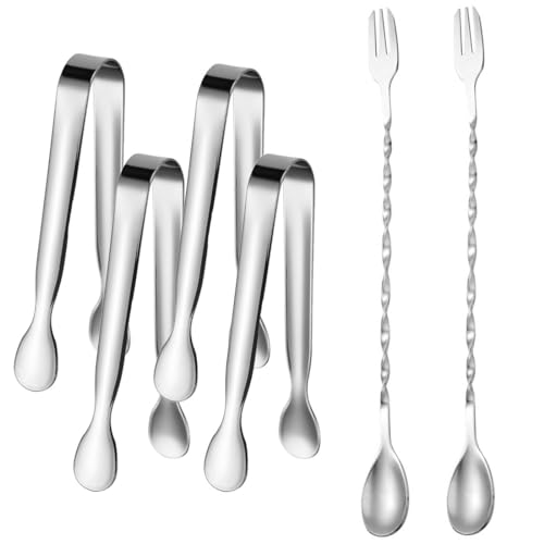 BZKSER Zuckerzange Set - 4 pcs 304 Edelstahl Eiszange Candy Bar Zubehör Candybar Zangen Eiswürfelzange Servierzange Salatzange Küchenzange für Hochzeit Party Bar Büfett Grill Picknick(+2 lange Löffel) von BZKSER