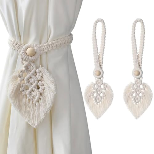 BZKSER Vorhanghalter - 2 Stück, Baumwolle, Polyester, Weiß, Boho Vorhang Clips, Feder Gardinenklammern für Vorhänge, Deko, Raffhalter von BZKSER
