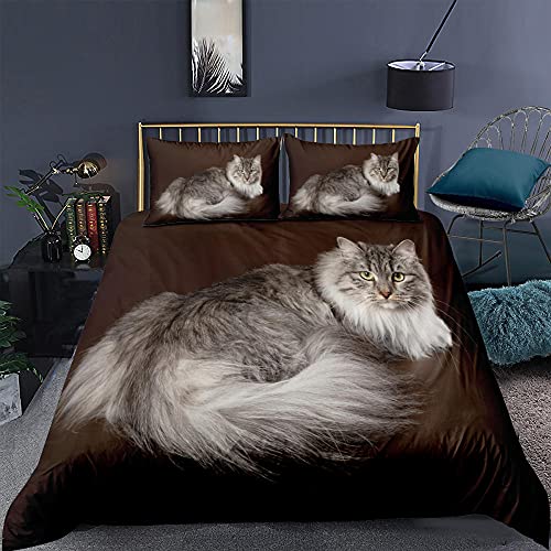 BZSBH Bettwäsche Bettbezug Set 220x240 cm 3D Graue Maine-Coon-Katze Druck 3 Teilig 3D Bedruckte für Kinder Jungen Erwachsene, 3-Teiliges Mikrofaser mit Reißverschluss 1 Bettbezug und 4 Kissenbezug von BZSBH