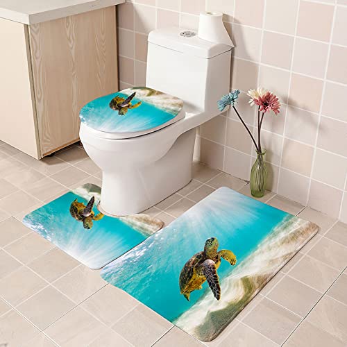 Badematte Set 3 Teiliges Badezimmerteppich Blaue Meeresschildkröte rutschfest Badgarnitur Badezimmer Weich Badvorleger Sets Badteppich + U-Förmige Badematten + WC-Vorleger Waschbar von BZSBH