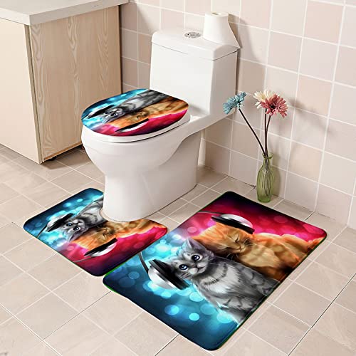 BZSBH Badematte Set 3 Teiliges Memory Foam Badezimmerteppich Graue Cartoon-Katze, Badgarnitur Badezimmer Badvorleger Sets, Waschbar Weiches rutschfest Badematte U-Förmige Teppich WC-Vorleger von BZSBH