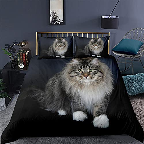 BZSBH Bettwäsche Set 135x200 cm Graue Maine-Coon-Katze 3D Druck, 3 Teilig Bettbezug Set Weiche Bettwäsche mit Reißverschluss und 4 Kissenbezug, Mikrofaser Hypoallergen Winter Herbst Bettwäsche von BZSBH