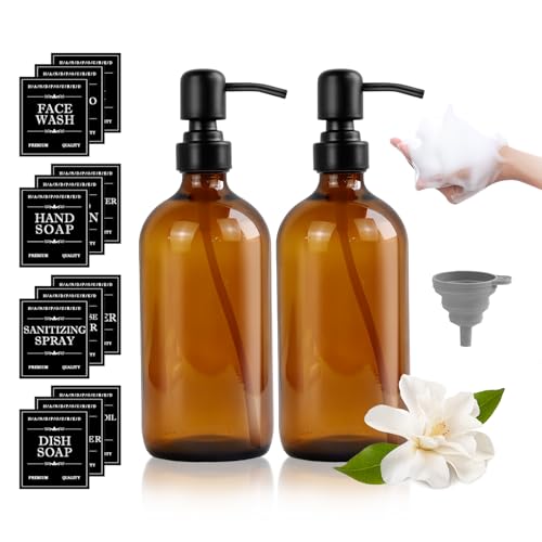 BZUEPRS 2er Pack Seifenspender aus Glas, 500ml Seifenspender Braun mit 304 Edelstahlpumpe,Nachfüllbarer Pumpspender mit 12 wasserfesten Etiketten & Trichter für Bad, Küche BZUEPRS 2er Pack Seifenspender aus Glas, 500ml Seifenspender Braun mit 304 Edelstahlpumpe,Nachfüllbarer Pumpspender mit 12 wasserfesten Etiketten & Trichter für Bad, Küche von BZUEPRS