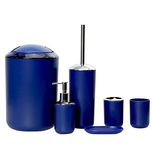 6-teiliges Badezimmer-Zubehör-Set – Zahnbürstenhalter, Zahnbürstenbecher, Seifenspender, Seifenschale, WC-Bürste, Mülleimer, Einweihungsgeschenk-Set (transparenter Deckel, Dunkelblau) von BaFei